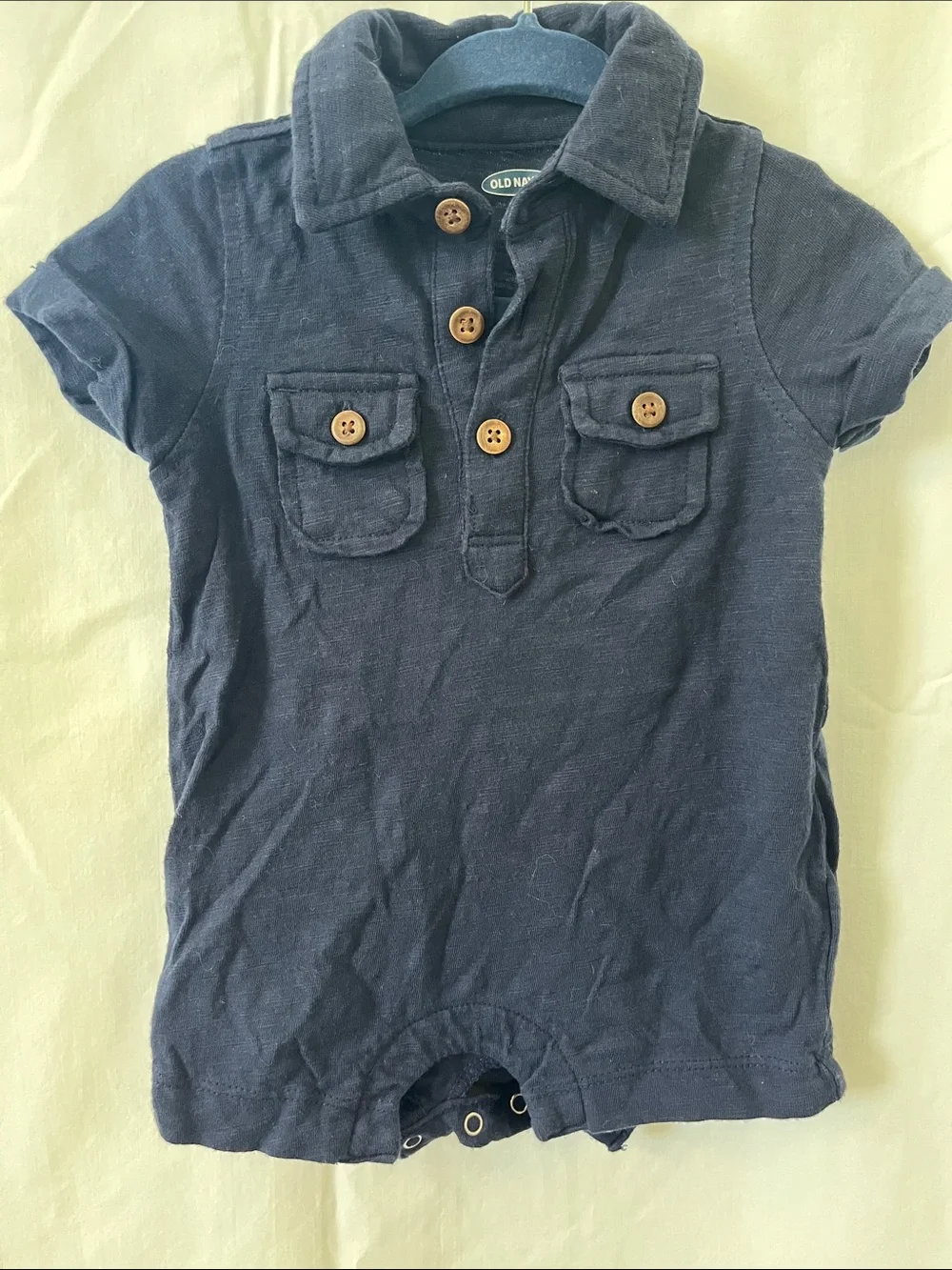 Old Navy Navy Collared Baby Romper with Wood-Effect Buttons